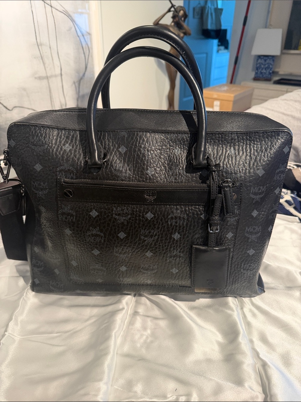 MCM Black Logo Leather Briefcase with Top Handles